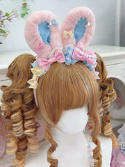 Yellow/Blue&Pink Polka-dot And Plaid Pattern Bowknot Details Thicken Version Plush Bunny Ear KC