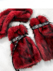 Wine Red Y2K Plush Leg Warmers with Buckle Strap + Plush Scarf