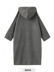 Vintage Preppy Gray Striped Hooded Cardigan Coat with Tie-Front Bow Closure