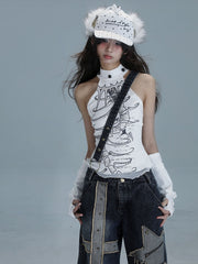 White Punk Halter Top with Spine Graphic Print & Bead Details