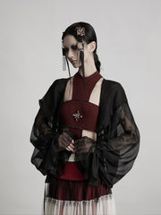 Urban Goth Black Sheer Hooded Embellished Blouse with Tassel Details