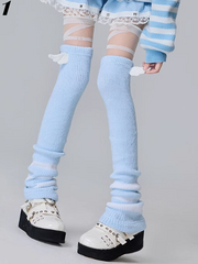 Wings Blue Knit Over-knee Leg Warmers With White Bandage Print Over-knee Stockings 2 Options