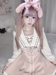 Jirai Kei Navycore Outfit - Pink Sailor Collar Dress Long Sleeves and Matching Shorts