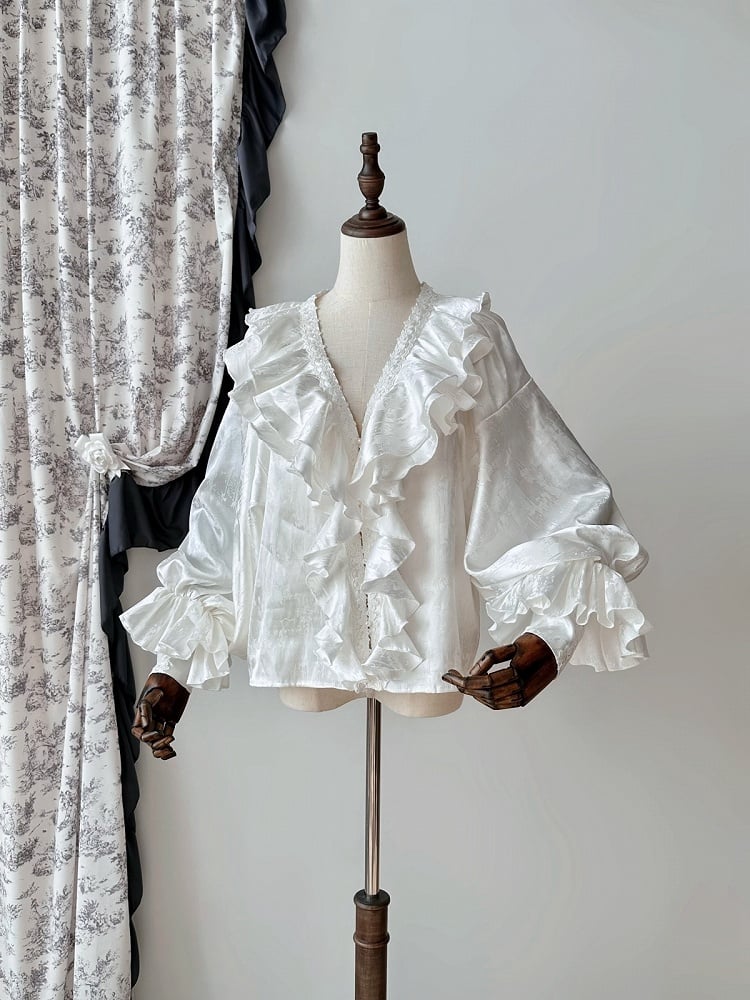 White Structured Ruffles V-neck Gothic Lolita Long Sleeves Shirt