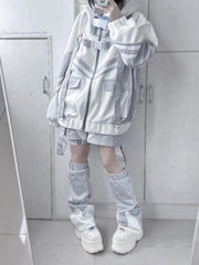 White & Gray Cyberpunk Patch Pockets Elastic Waist Jirai Kei Shorts