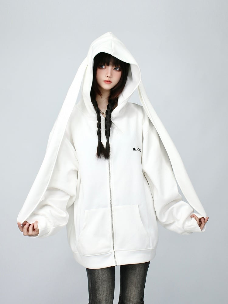 White Longline Zip Hoodie with Bunny-Eared Decoration