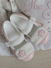 Sweet PU Snap Button Pink Flats - Star Accent & White Plush Strap
