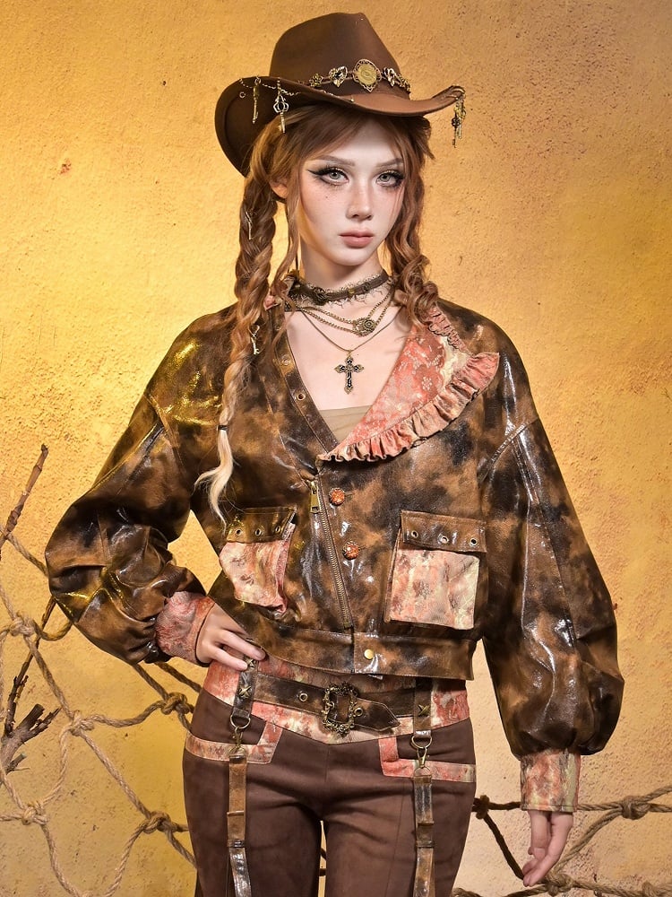 Millard Steampunk Brown PU Jacket with Asymmetrical Collar & 3D Orange Lace Pockets