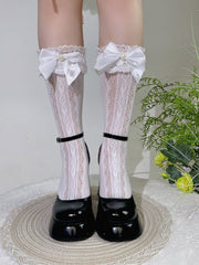 White Semi-sheer Bow and Heart Lace Trim Calf Socks