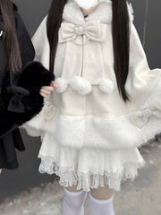 Kitty-Ears Cape Coat - Jirai Kei Beige Plush Wool Design for Cozy Season
