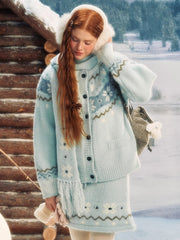 Light Blue Snowflake Knit Hooded Scarf with Fringe Tassel Edging