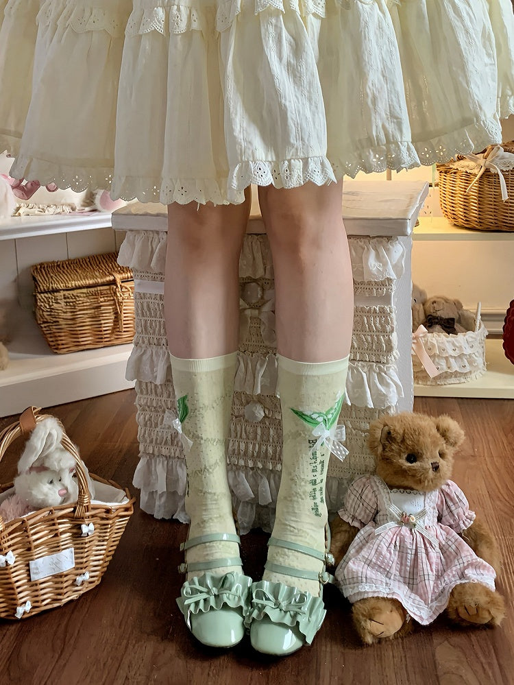 White/Green Lily Of The Valley Pattern And Lace Bowknot Calf Socks