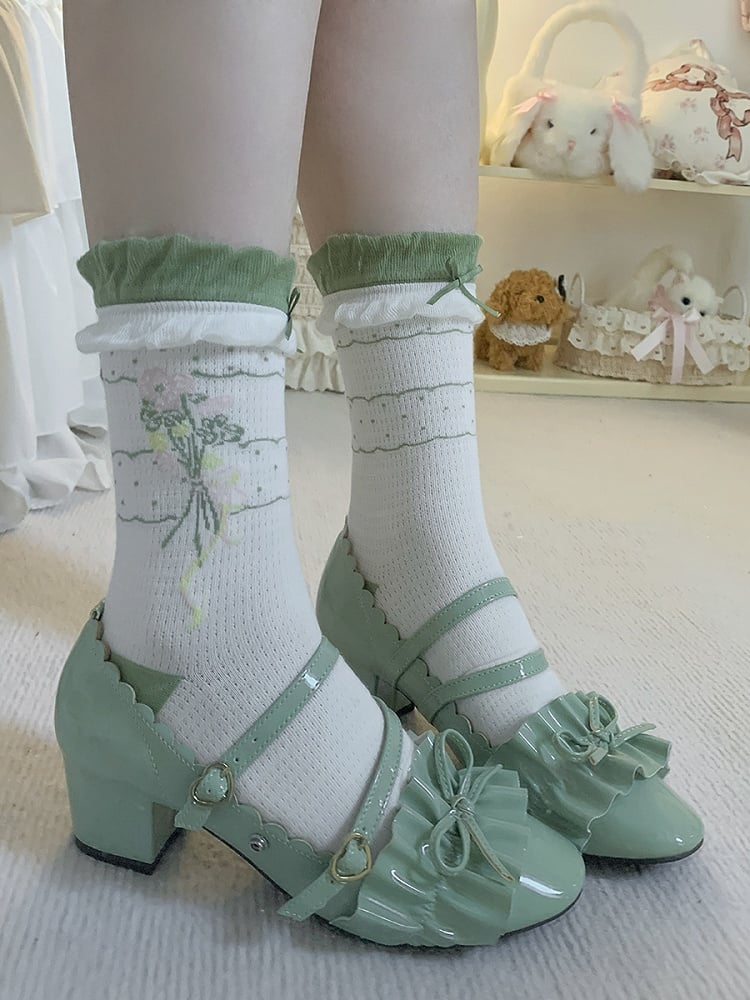 Pink/Blue/Green Bowknots Floral Pattern Cotton Socks