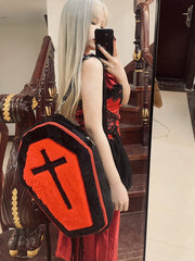 Black & Red Gothic Cross Coffin-Shaped Large  Backpack