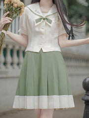 Sailor Collar Beige Short Puff Sleeves Top