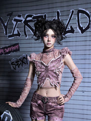 Y2K Pink Punk Distressed Tulle Top with Silver Graphics & Puff Sleeves