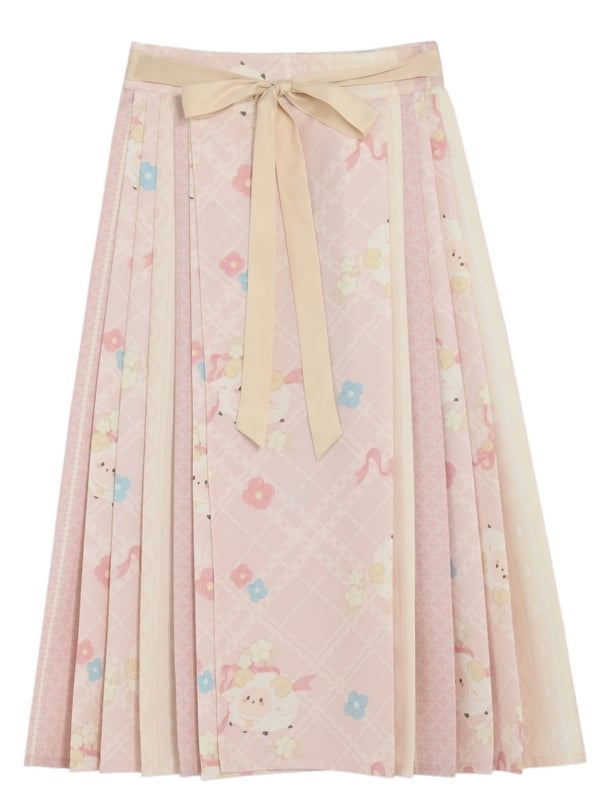 Cute Sheeps and Floral Print Pink Plaid Pleated Skirt