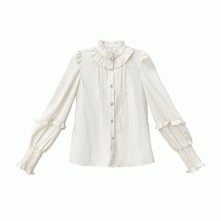 Beige Striped Blouse with Bishop Sleeves and Elastic Cuffs