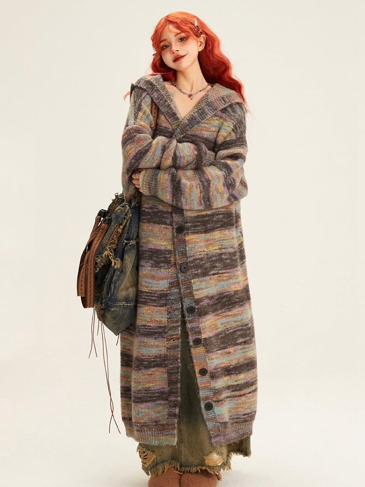 Colorful Striped Long Hooded Cardigan