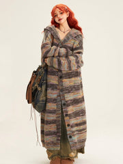 Colorful Striped Long Hooded Cardigan