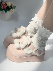 Pink Sweet Lolita Bunny Themed Platform Shoes with Bow Details,  Cozy Plush Interior & Velcro Closure