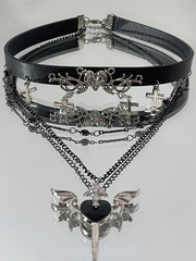 Y2K Multi-Layered Cross & Winged Heart Pendant Necklace