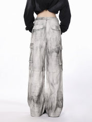 White & Gray Tie-Dye Cargo Wide-Leg Jeans with Utility Pockets