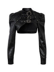 Vintage Black Punk PU Crop Jacket with Buckled Straps & Studs
