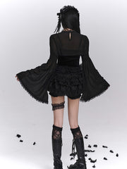 Gothic Black Lace-Trimmed Crop Shrug with Bell Sleeves & Cross-Tie Closure