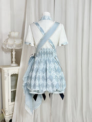 Alice in Wonderland Vibes Ouji Lolita Outfit - White Shirt + Blue Diamond Pattern Overall Shorts + Ribbon