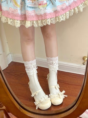 Yellow Sweet Lolita Mid-heel Mary Janes in PU Leather with Bow Accents & Ruffled Lace