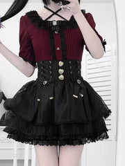 Wine Red Square Neckline Jirai Kei Blouse with Pleating Details & Heart Rhinestones