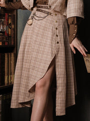 Light Brown Vintage Plaid Skirt Side Thigh-high Slit