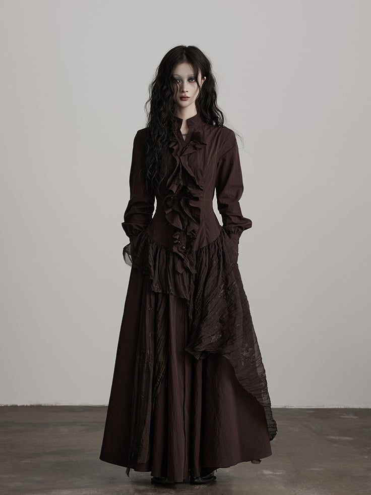 Urban Goth Dark Brown Ruffled Asymmetrical-Cut Long-Sleeve Dress