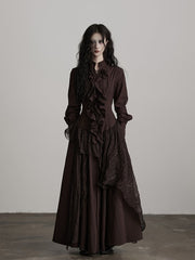 Urban Goth Dark Brown Ruffled Asymmetrical-Cut Long-Sleeve Dress