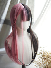 Pink&Black Split Color 70CM Waist Length Straight Wig With Full Bangs