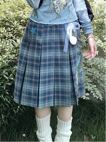 Blue Box Pleat Vintage Printed Plaid Skirt