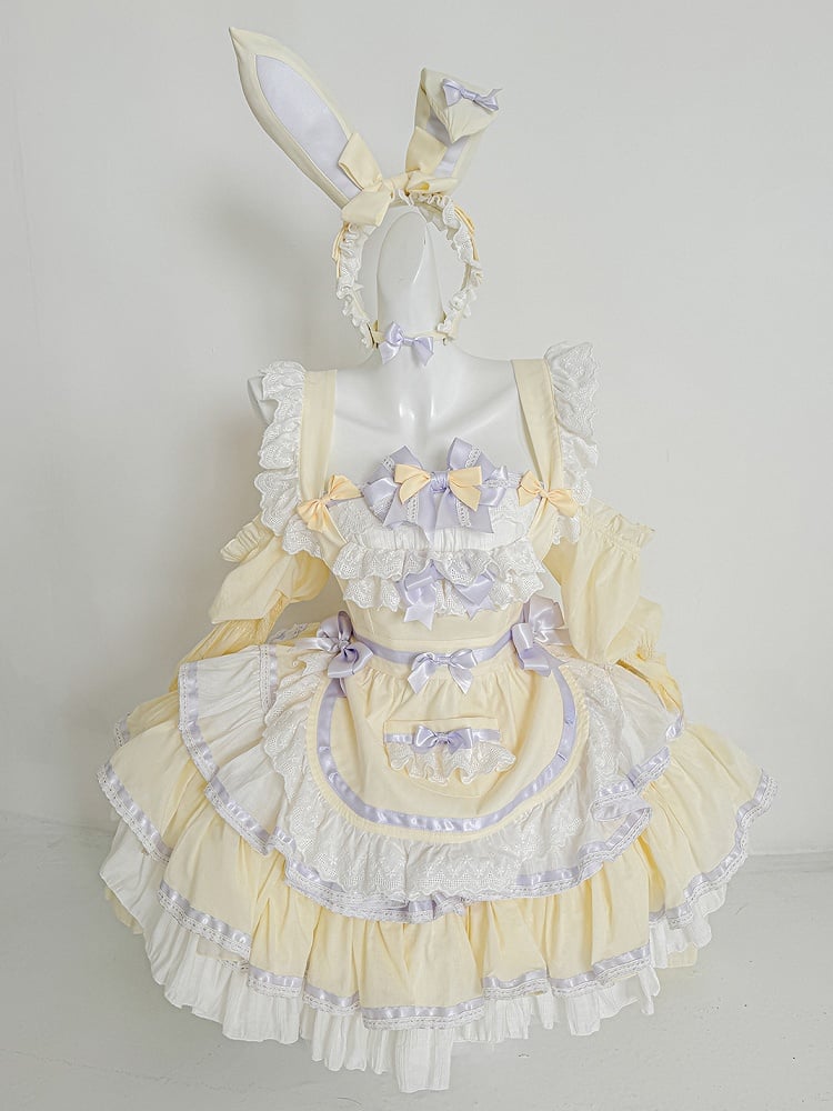 Yellow and Purple Sweet Maid Apron + Basque Waist Tiered Ruffles Hem Strapless Puffy Dress