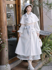 White & Blue Snowman Embroidered Elegant Lolita Knitted Top + Castle Embroidered Skirt + Winter Coat Set