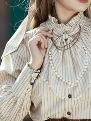 Steampunk Beige Ruffle Banded Collar Striped Shirt With Metal Chain and Buttons