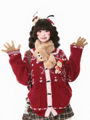 Pink/Red Daily Kawaii Cardigan with Practical Pockets, Horn Toggle & Heart Pattern