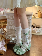 White/Green Lily Of The Valley Pattern And Lace Bowknot Calf Socks