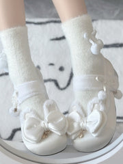 White Sweet Lolita Heart Charm Plush Bunny Ear Bow at Top Round Toe Shoes