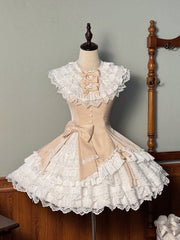 Clearance - Size S for Bust 88cm Champagne Striped Fabric Slim Fit Waist Layered Ruffle Neck Sweet Lolita Sleeveless Dress