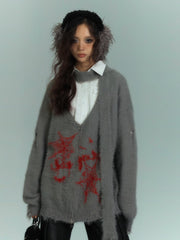 Punk Spiderwebs Gray V-neck Distressed Holes Loose Zip Cardigan with Scarf