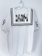 White Sailor Collar Cotton T-shirt with Gothic Restraint Bunny Print & Detachable Embroidered Chest Panel