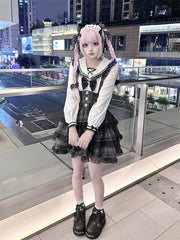 Vintage Gray Plaid Landmine Style Suspender Tiered Skirt with Flutter Sleeves