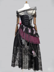 Black Lace Butterfly Print Off-the-shoulder Lolita Dress with Purple Flower Accents and Draped Chains