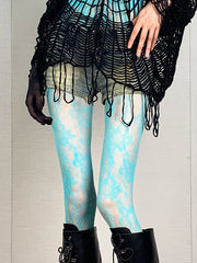 Y2K Blue Floral Pattern Lace Tights
