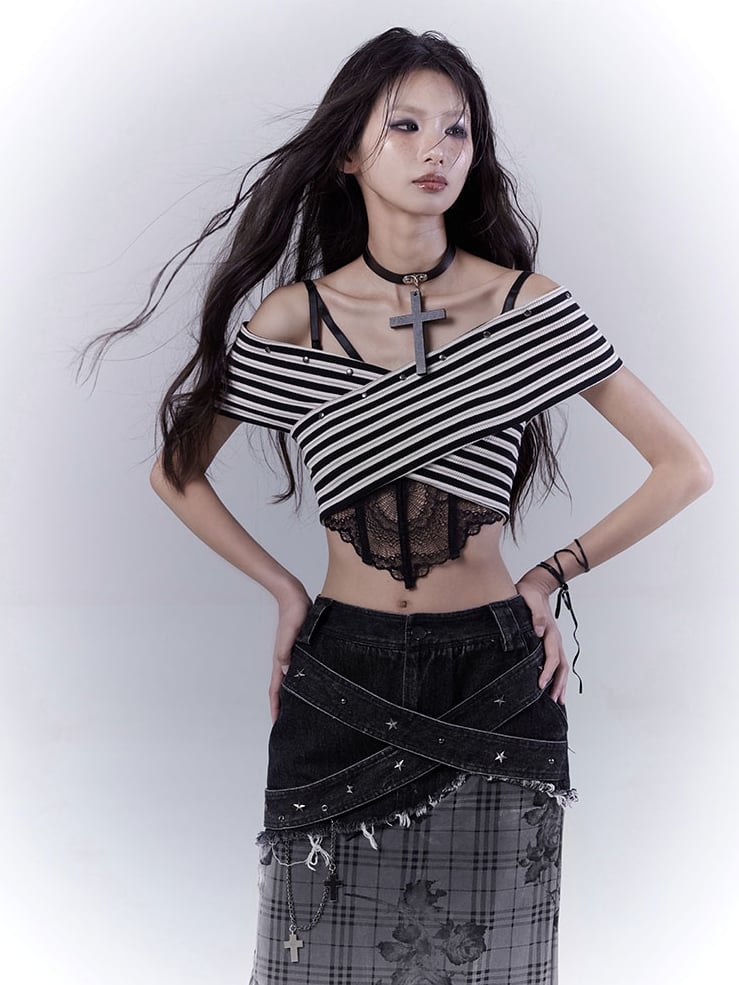 Black and White Off-the-shoulder Neckline Studded Striped Strapless Top